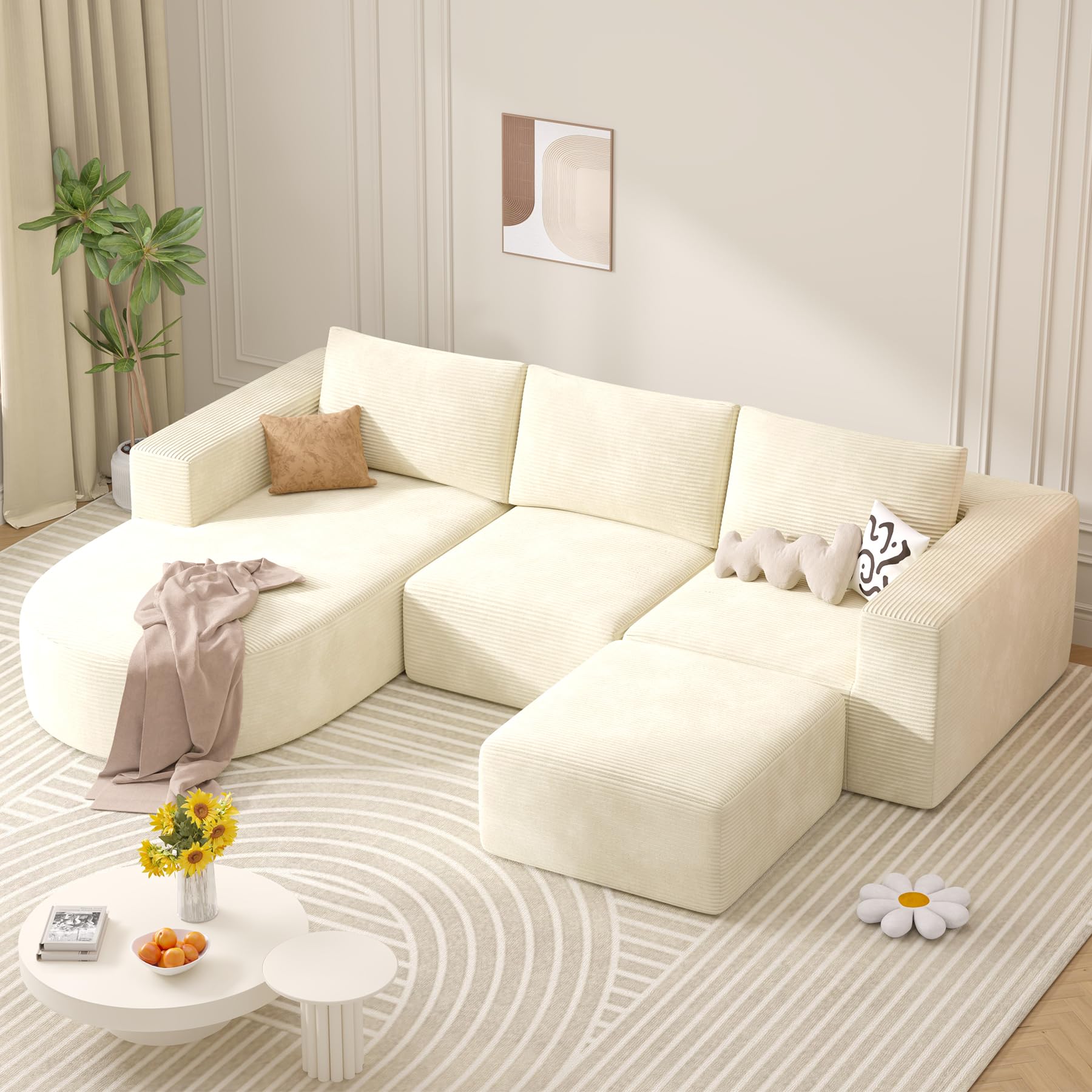 Boneless Couches for Living Room with Chaise,104" Modular Sectional Sofa with Convertible Ottoman,Cozy Cloud Couch with U-Shaped,Sponge Compression