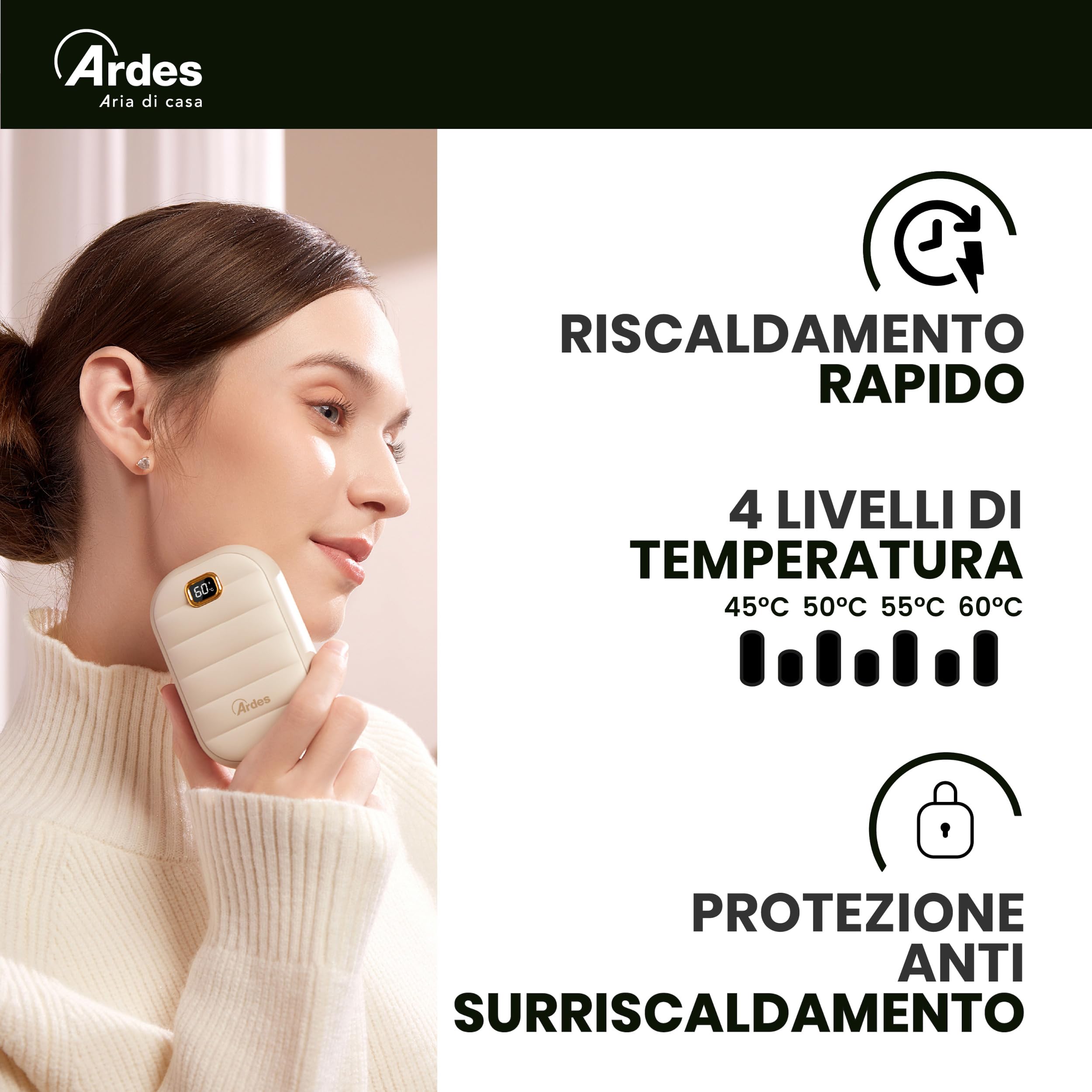 Ardes AR080 Scaldamani Elettrico Portatile, Scaldino Ricaricabile Powerbank 4000 mAh, USB Riutilizzabile Riscaldatore, 4 Livelli di Calore, Scalda Mani Tascabile