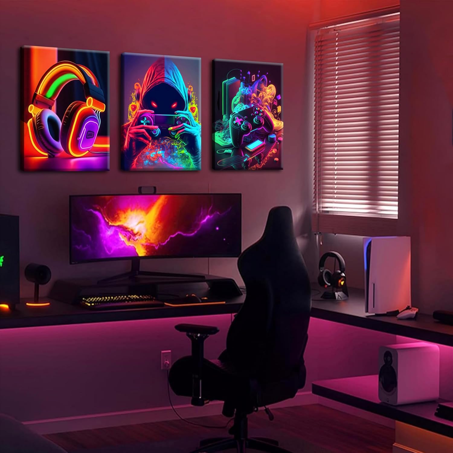 Eysintum 3pcs Framed Game Room Wall Art Gaming Decor Set Colorful Gaming Posters with Headset Controller and Gamer Character for Bedroom Playroom or Teen Boys Room 16x24in