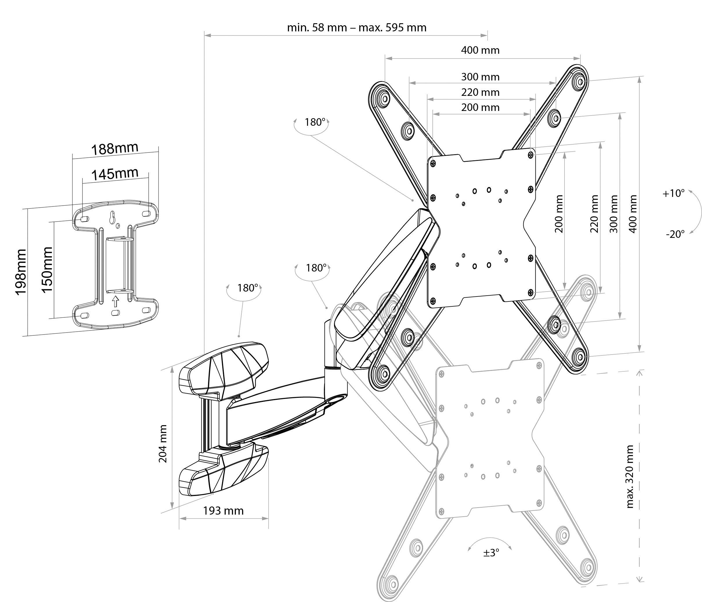 SCHWAIGER 9444 Soporte de Pared para TV 23-55 Pulgadas Soporte para TV inclinable, Giratorio máx. 30 kg máx. VESA estándar 400x400 Negro Incl. Accesorios de Montaje