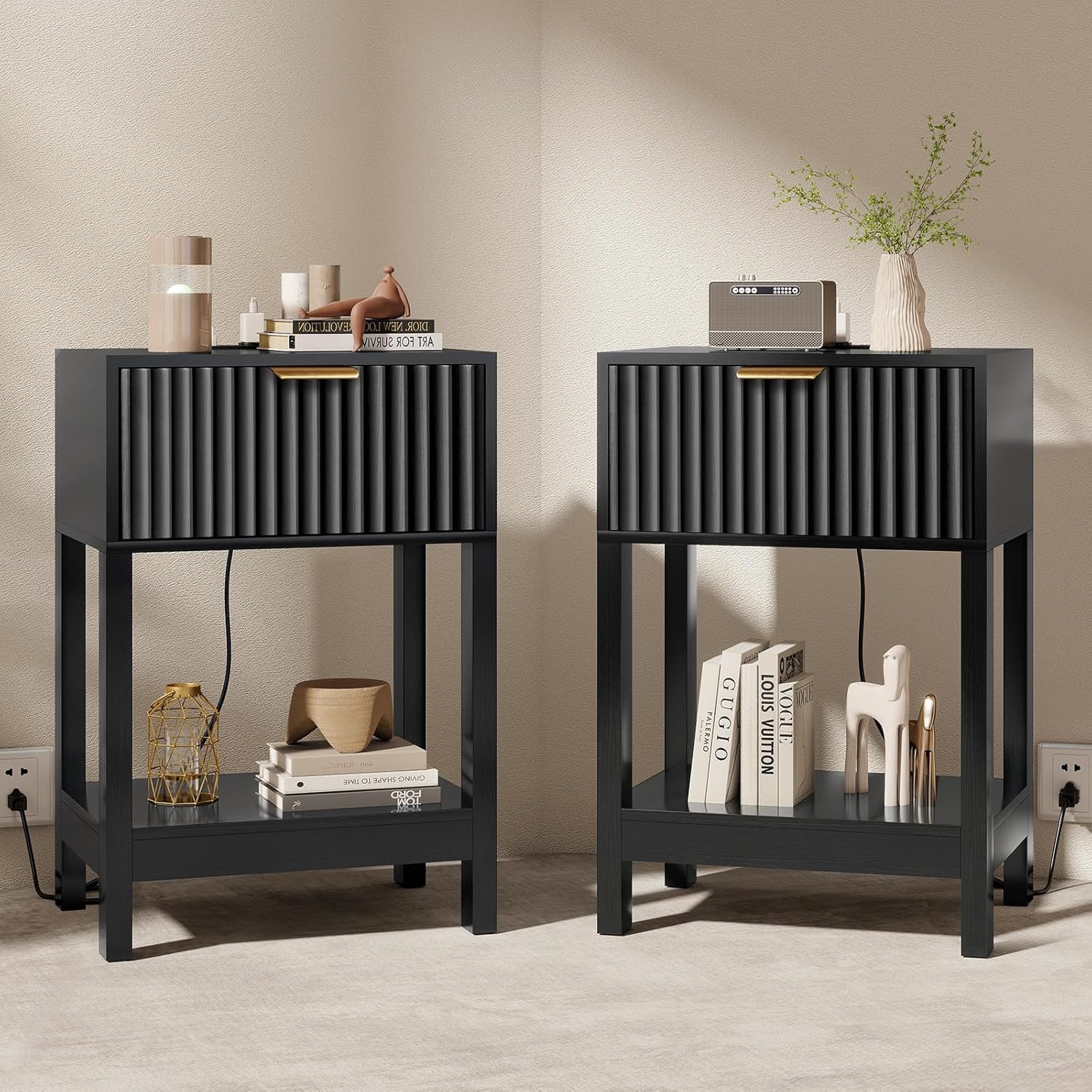 Night Stand Set 2, Fluted Nightstand with Charging Station, Wood Bedside Table with Drawer & Storage Shelf, Modern End Tables for Bedroom Sofa Couch Office, Black