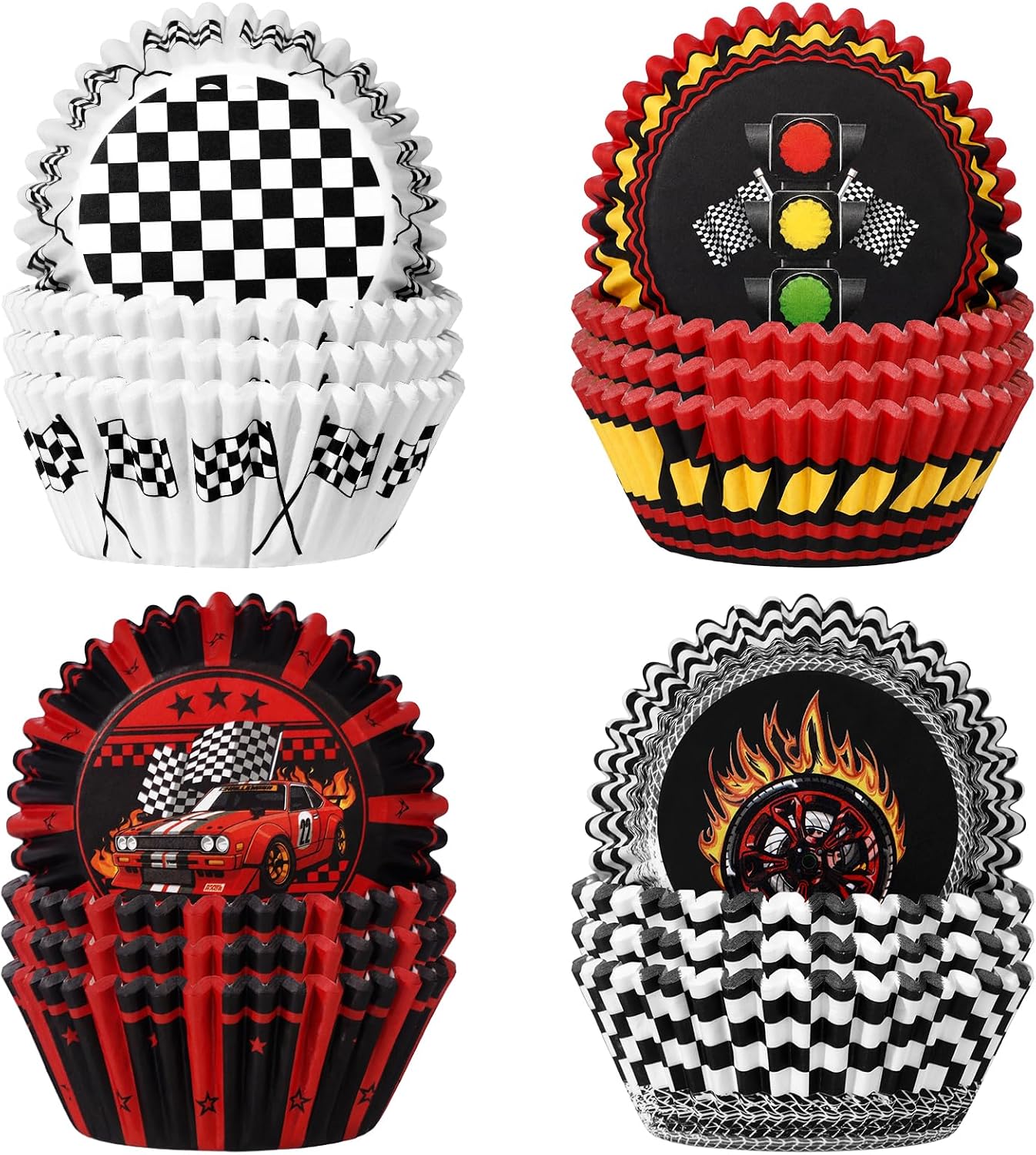 200 Pieces Race Car Cupcake Liners, Black White Checkered Racing Flag Standard Size Paper Baking Cups, Muffin Liners Cupcake Wrappers for Boys Birthday Baby Shower Party Decor