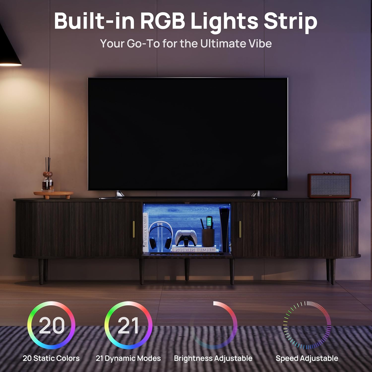 94.5" Fluted Mid Century Modern TV Stand for TVs Up to 80/85/86/90/98/100", Tambour Sliding Doors Entertainment Center with Storage&LED, Curved Media&TV Console Long TV Stands for Living Room, Walnut