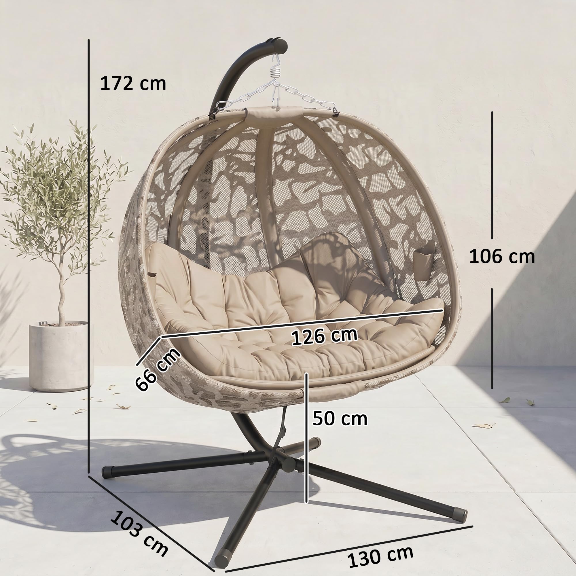 Outsunny Poltrona Sospesa 2 Posti in Acciaio e Cotone PP con 2 Tasche, Cuscini in Poliestere e Cesto Pieghevole, 126x126x176 cm