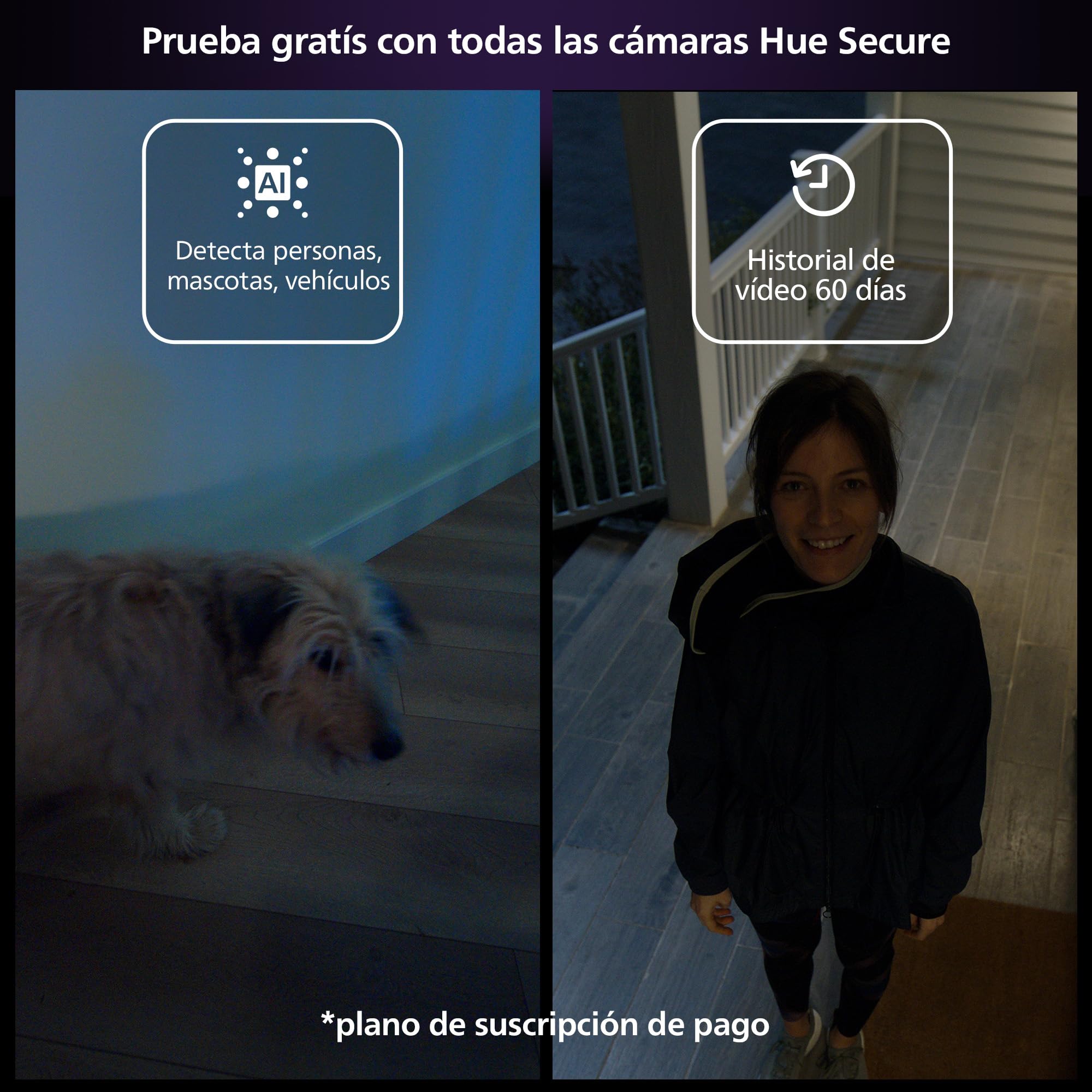 Philips Hue Secure Cámara de Video Vigilancia Inteligente con Base, para Exteriores o Interiores, Versión con Cable, Full HD Video, Control de Seguridad e Iluminación en Una Sola App, Negro