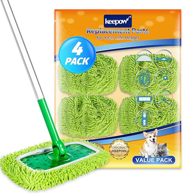 KEEPOW Reusable Microfiber Mop Pads Compatible with Swiffer Sweeper Mop, Dry Sweeping Cloths, Washable Wet Mopping Cloth Refills for Surface/Hardwood Floor Cleaning, 4 Pack (Mop is Not Included)