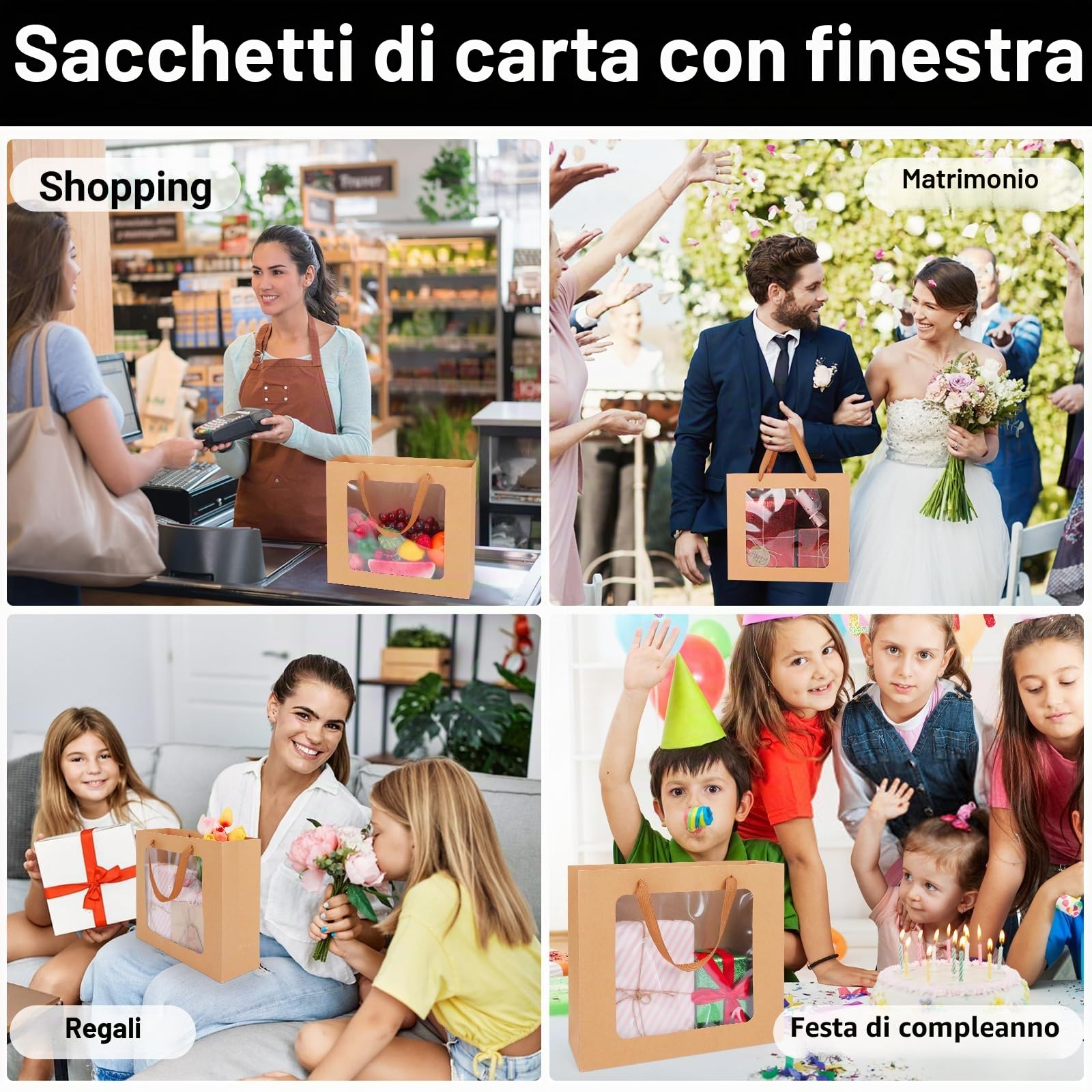 EUSOAR Kraft Buste Carta con Manico - 20 Pezzi 32x11.5x28cm L Sacchetti Regalo Compleanno - 180GSM Buste Regalo con Finestra - Grandi Gift Bags Marrone Shopper Sacchetto Carta