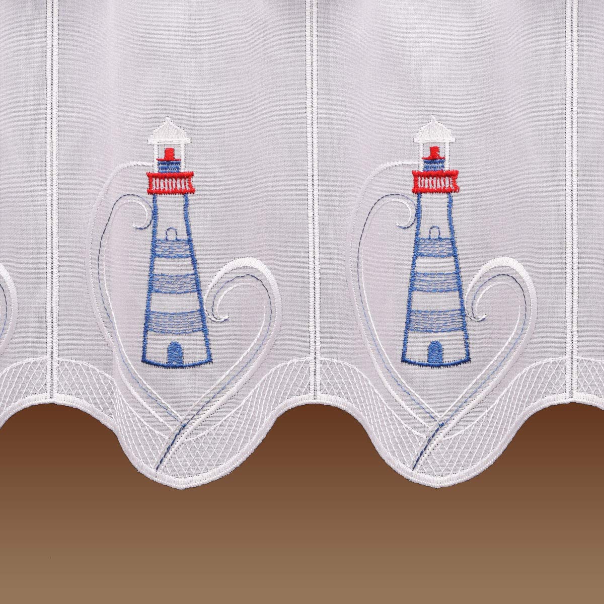 Maritime Scheibengardine Leuchturm mit Urlaubsmotiv Echte Vogtländischer Spitze Badgardine 30 x 160 cm