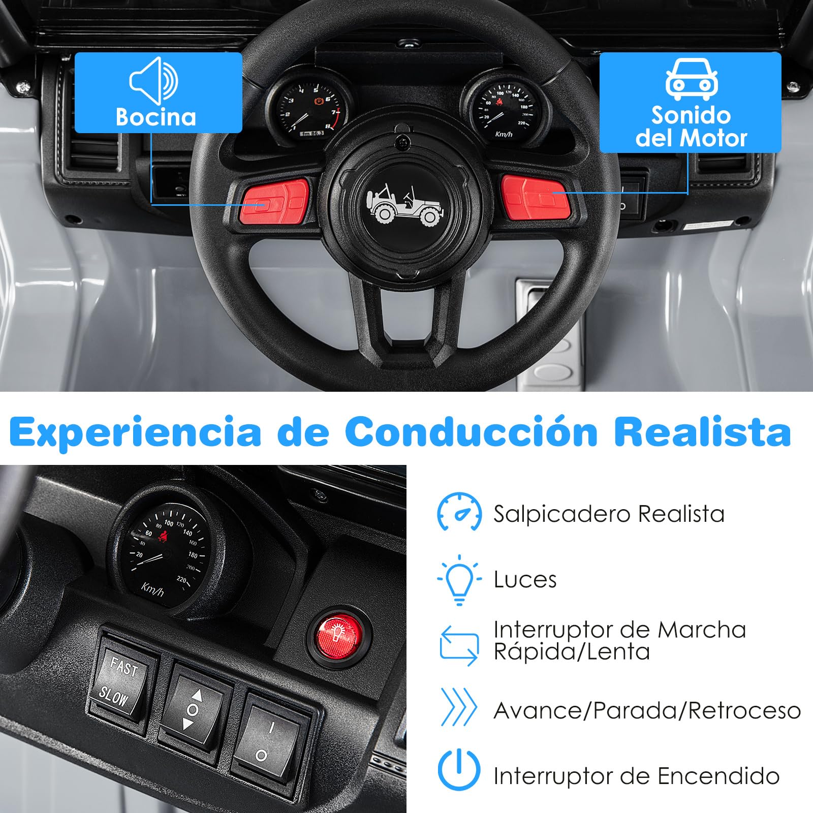 COSTWAY Coche Eléctrico para Niños 12V, Vehículo Todoterreno con Velocidad Ajustable, Vehículo Eléctrico de Juguete de 2 Plazas con Control Remoto 2,4G, Música, Puerto USB, Bluetooth, Luces (Gris)