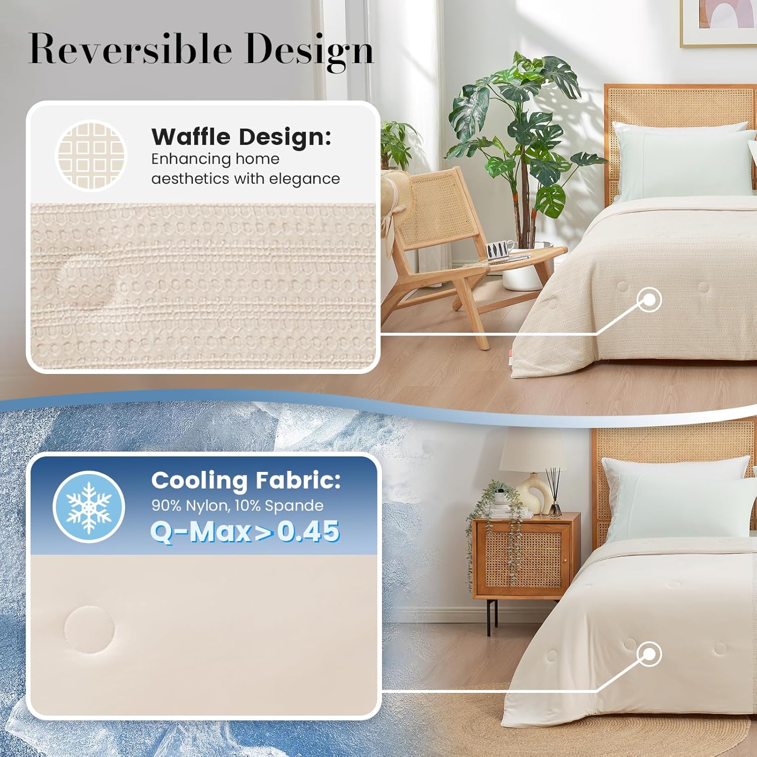 Amélie Home Waffle Cooling Comforter Queen Size, Q-Max 0.45 Reversible Lightweight Cooling Blanket for Hot Sleepers, Breathable Bedding for Night Sweats, 90"x90", Beige - Image 3