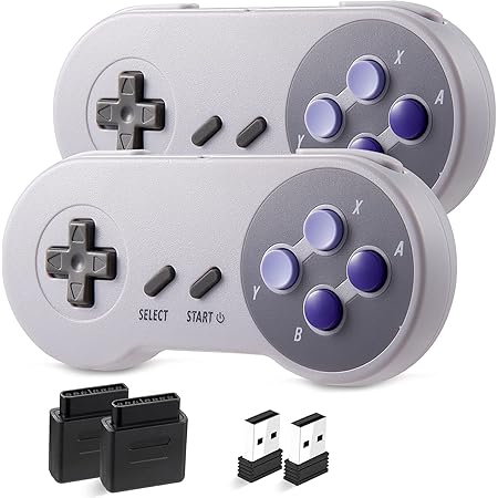 [2 in 1] 2 Pack 2.4 GHz Wireless Controller Compatible with Both PC and SNES, USB & 7 Pin Connector, for Windows PC, IOS MAC, Linux Raspberry Pi and SNES [Rechargeable] [Plug & Play] (Purple / Gray)