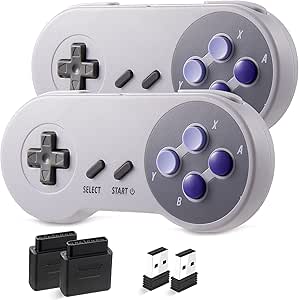 [2 in 1] 2 Pack 2.4 GHz Wireless Controller Compatible with Both PC and SNES, USB &amp; 7 Pin Connector, for Windows PC, IOS MAC, Linux Raspberry Pi and SNES [Rechargeable] [Plug &amp; Play] (Purple / Gray)