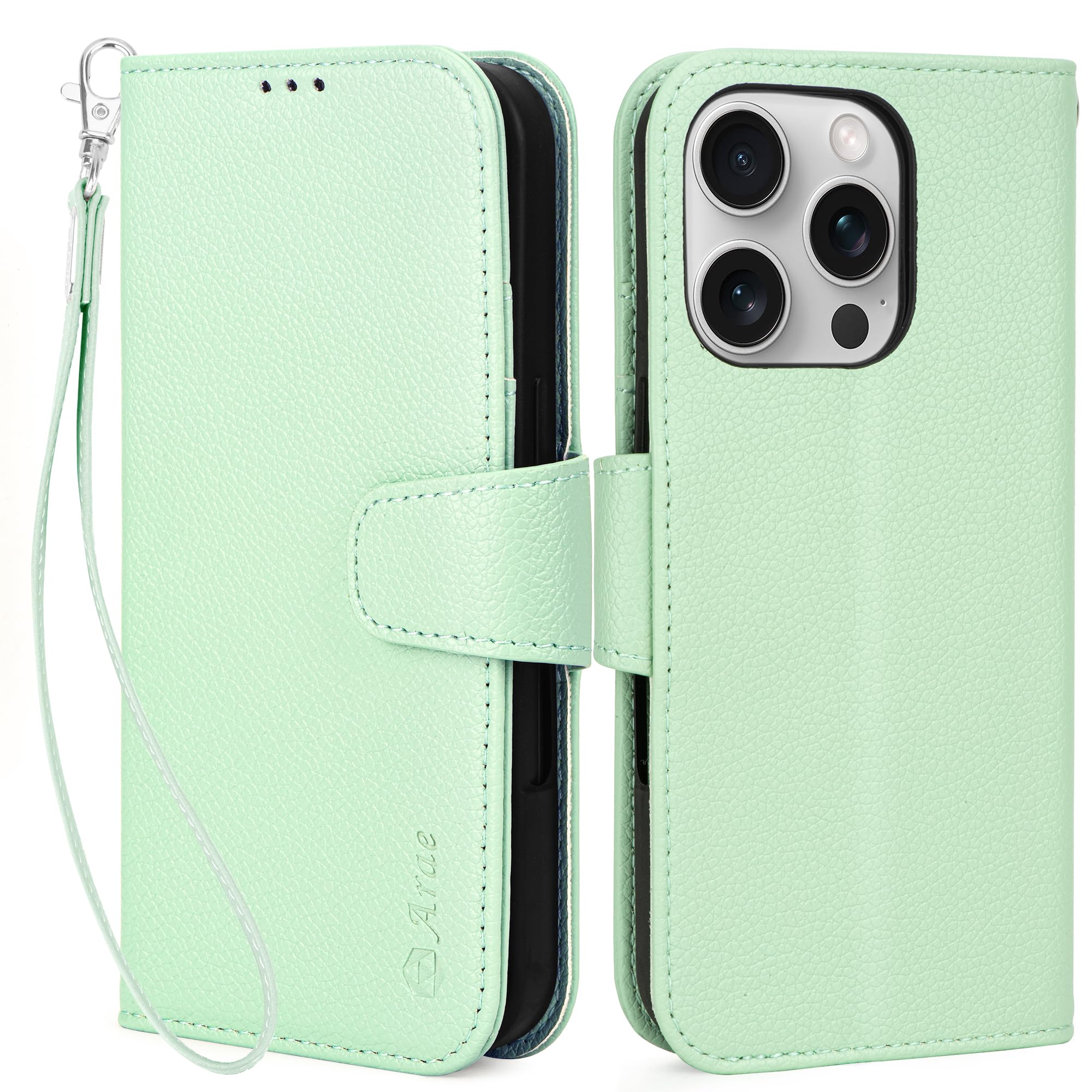 Funda libro para iPhone 2024 Pro verde anticaídas con soporte y billetera Arae 8