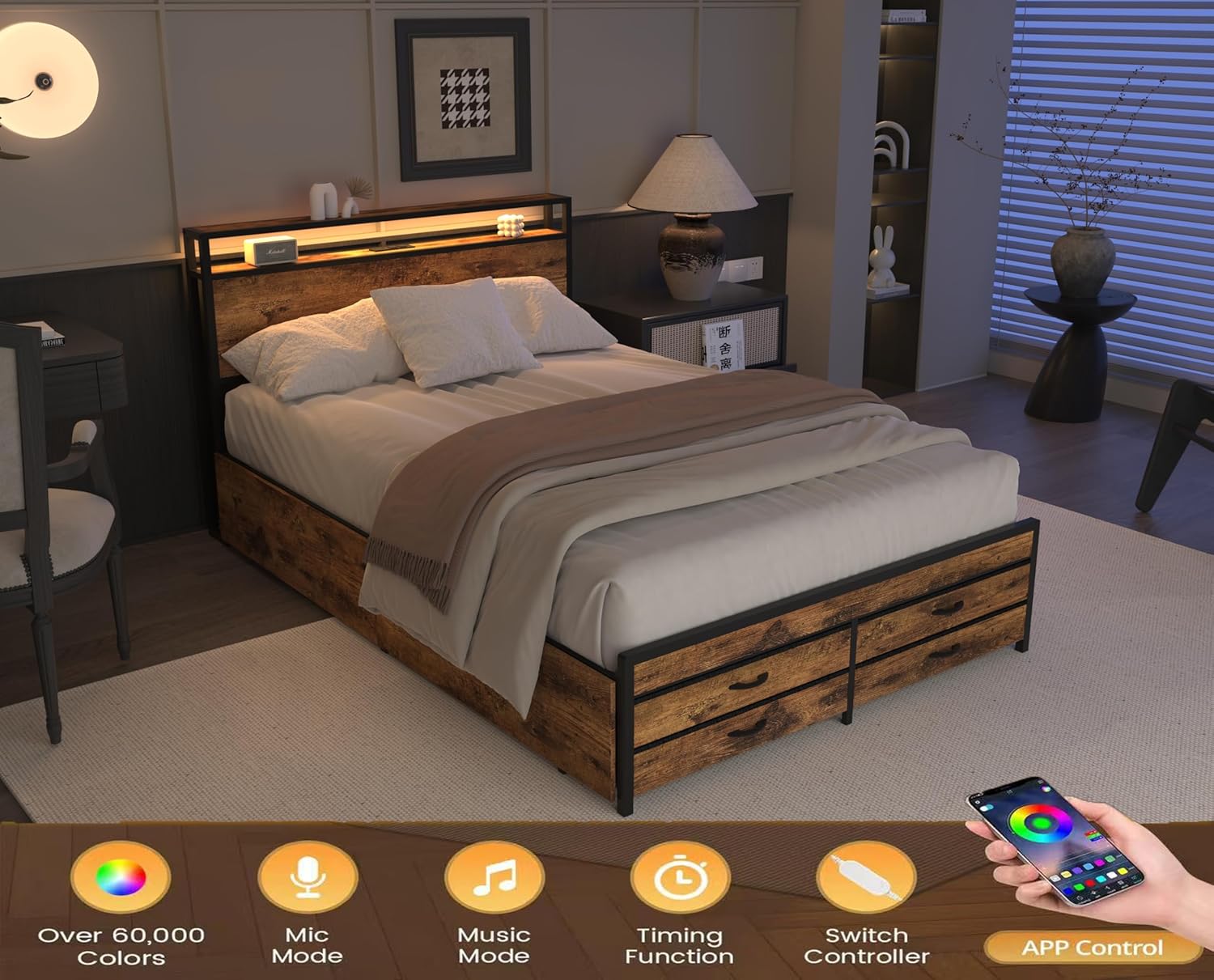 Bed frame with LED headboard illuminated, showing various control options like colors, music mode, and app control.