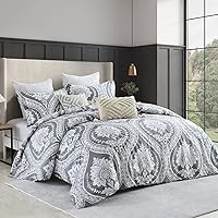 Vista 13 de Bedduvit Juego de funda de edredón de algodón, tamaño Queen, damasco, estampado de cachemira, transpirable, minimalista, con estampado de damasco