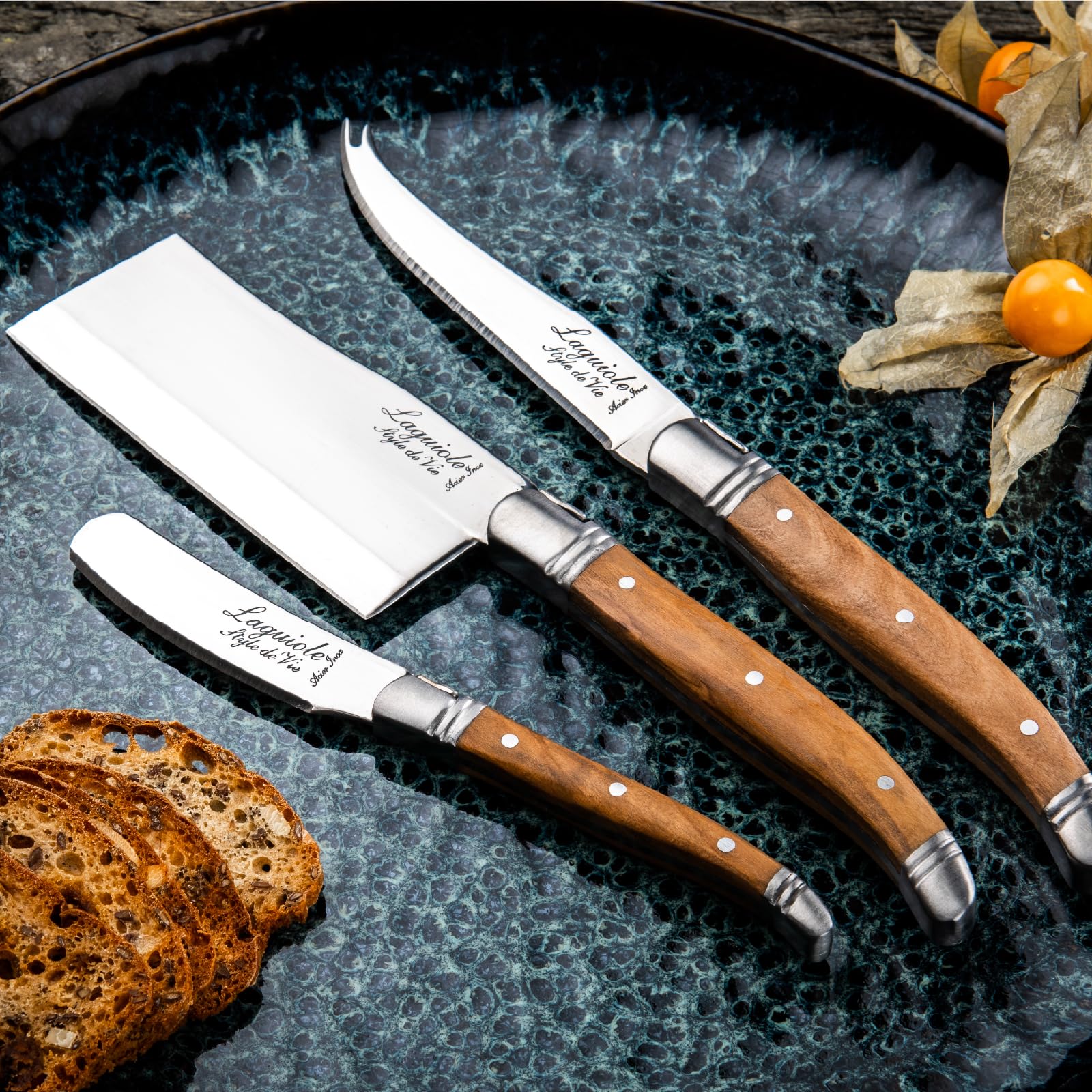 Laguiole Style de Vie Cuchillo para queso 3 piezas madera de olivo