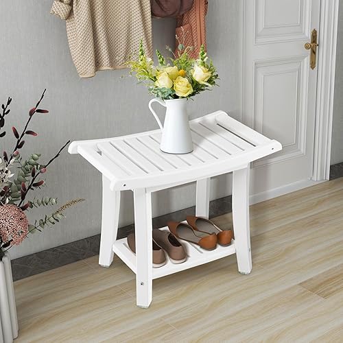 Miniatura 8 de GOFLAME Banco de ducha de 2 niveles, taburete de ducha de baño de spa con asiento curvo, 2 asas fáciles de agarrar, estante de almacenamiento y