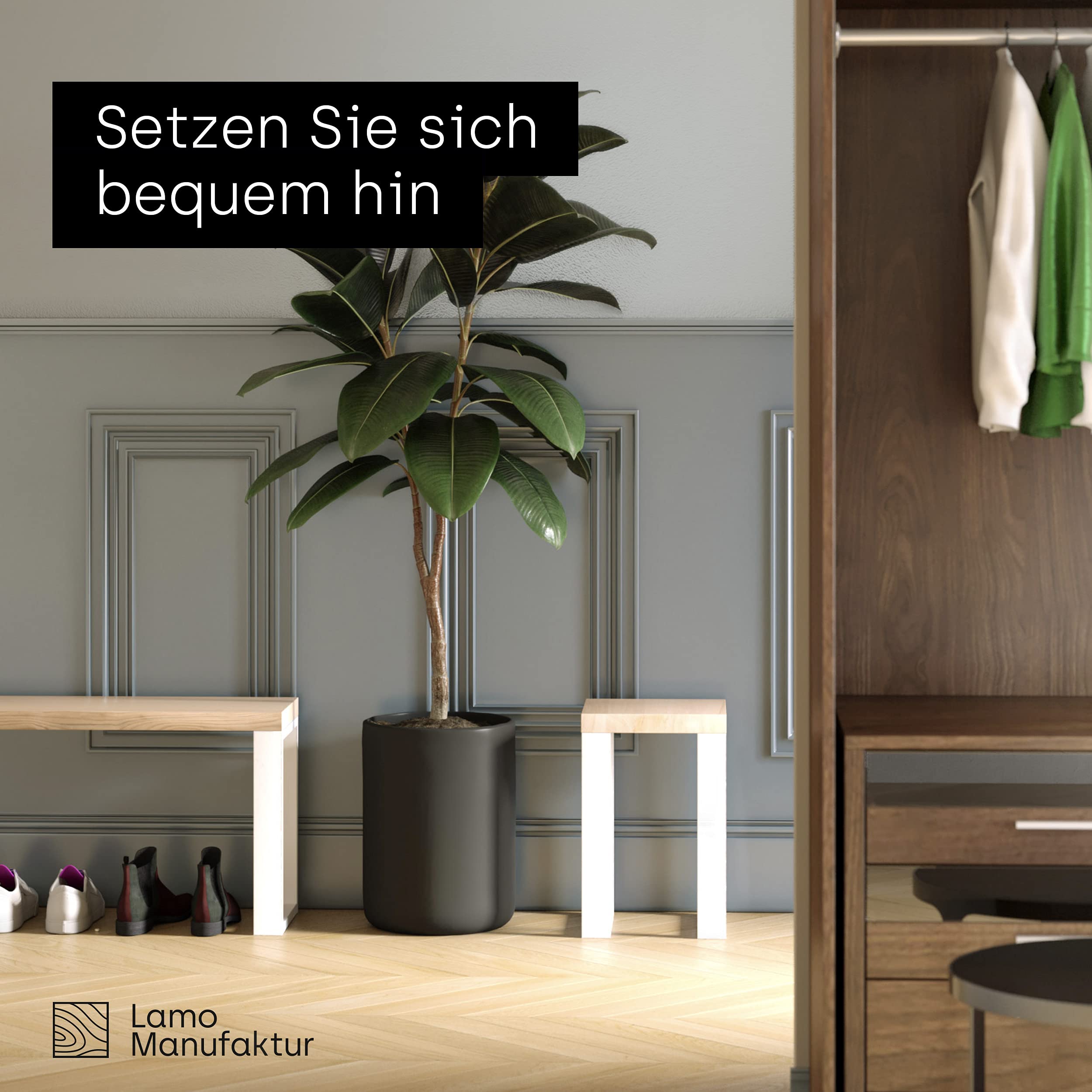 LAMO Manufaktur Banc de Salle à Manger 30x60x47 cm (l x L x h), Pied en métal modèle Simple Blanc/Assise en Bois Couleur Naturel, LSB-01-A-002-60-9016S