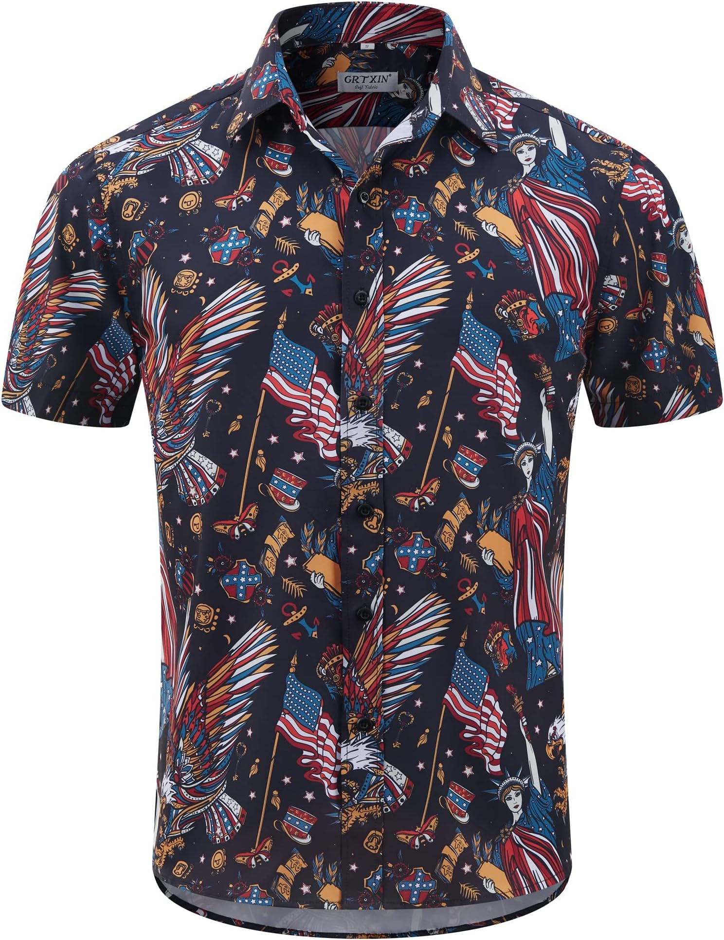 GRTXINMens American Flag Shirt - Patriotic Shirts for Men Short Sleeve Button Down Hawaiian Shirts