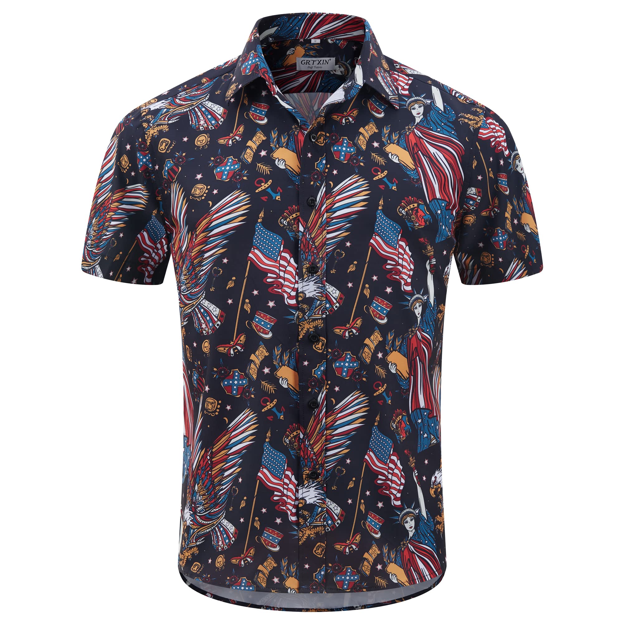 GRTXINMens American Flag Shirt - Patriotic Shirts for Men Short Sleeve Button Down Hawaiian Shirts