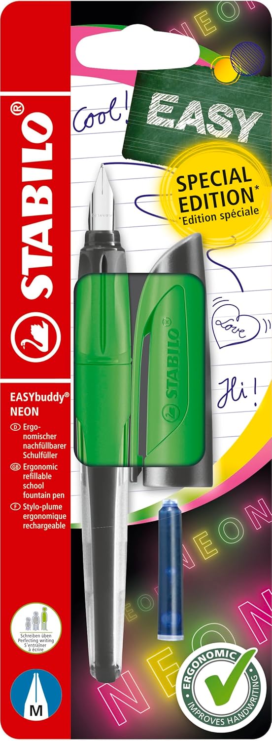 STABILO - EASYbuddy NEON school fountain pen with standard nib M - neon green - blue (erasable) - incl. cartridge - blister