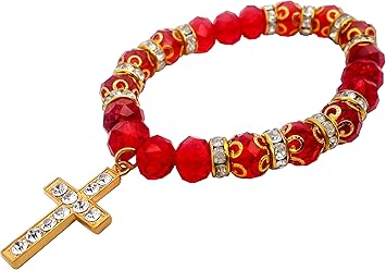 Amazon Co Jp カトリックレッドビーズ ゴールドロザリオブレスレット ハンドオーナメント ジルコンストーン 十字架 エルサレム ホーム キッチン