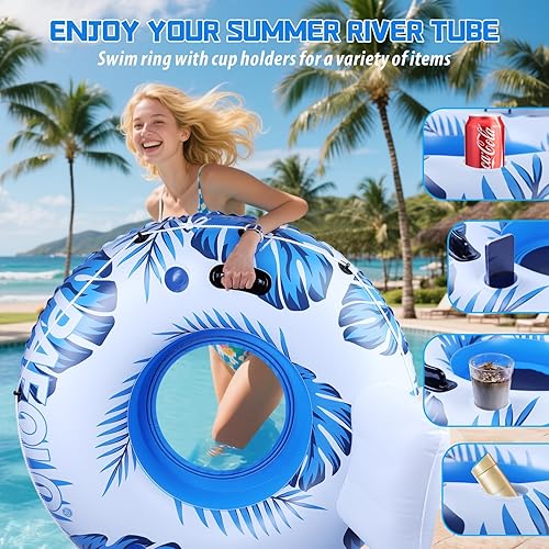 Miniatura 4 de Flotador inflable de tubo de río, flotador de piscina para adultos, tubos de río para flotar resistente con parte inferior de malla, respaldo cómodo