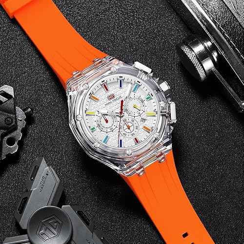 Miniatura 5 de MASTOP Relojes para hombre, pantalla analógica transparente, transparente, correa de silicona naranja, calendario, cronógrafo, cuarzo luminoso,