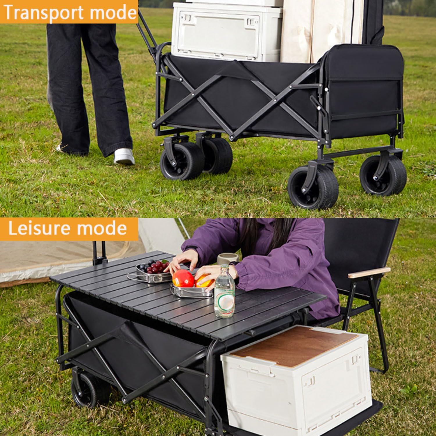 300L Carrello da Spiaggia Pieghevole con Ruote per Tutti i Terreni Extra Larghe e Freno Carrello Portatutto Resistente Caricabile fino a 225KG Manico Regolabile Portellone per Giardino Campeggio