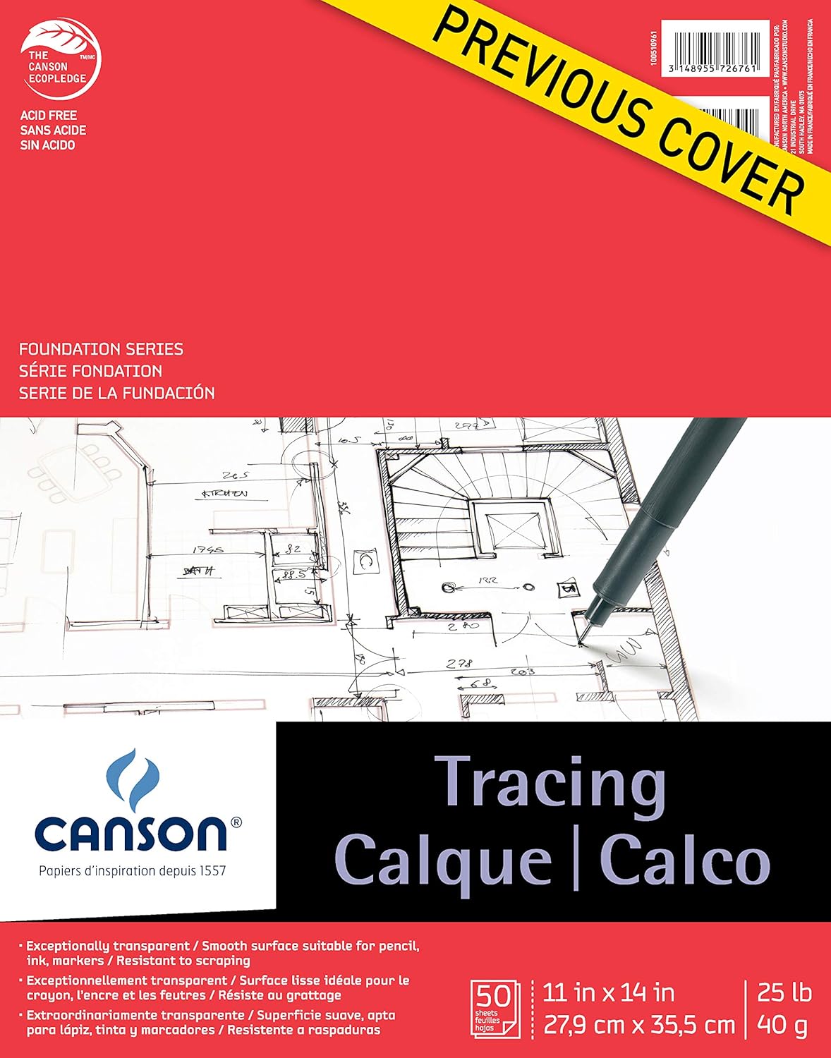Canson Foundation Tracing Paper Pad for Ink, Pencil and Markers, Fold Over, 25 Pound, 11 x 14 Inch, 50 Sheets