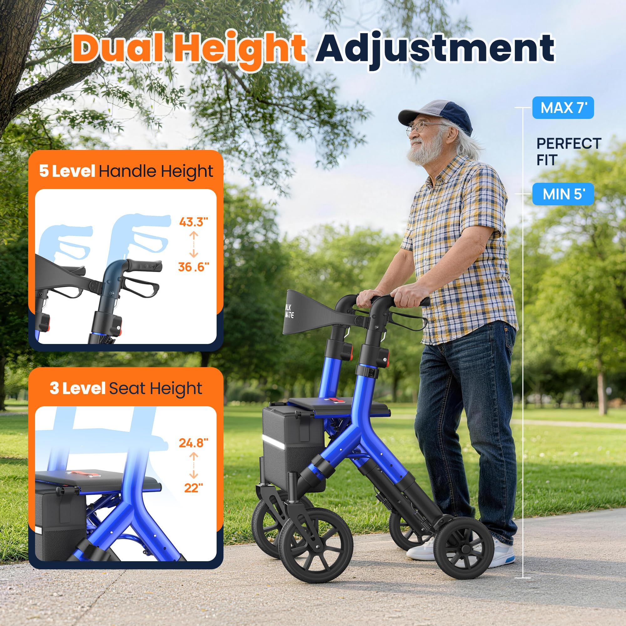 WALK MATE Deambulatore deambulatore per anziani con sedile per 5,3 ~ 2,1 m di altezza | Sedile regolabile in altezza, cavo integrato, ruote da 25,4 cm, design pieghevole leggero e compatto, capacità 136 kg, blu
