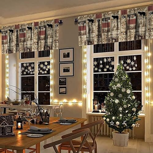 Miniatura 8 de Cenefas de cocina rústicas para ventanas, estilo retro, estilo campestre, alce, ciervo, pino, alce, bolsillo para barra, cortina para restaurante,