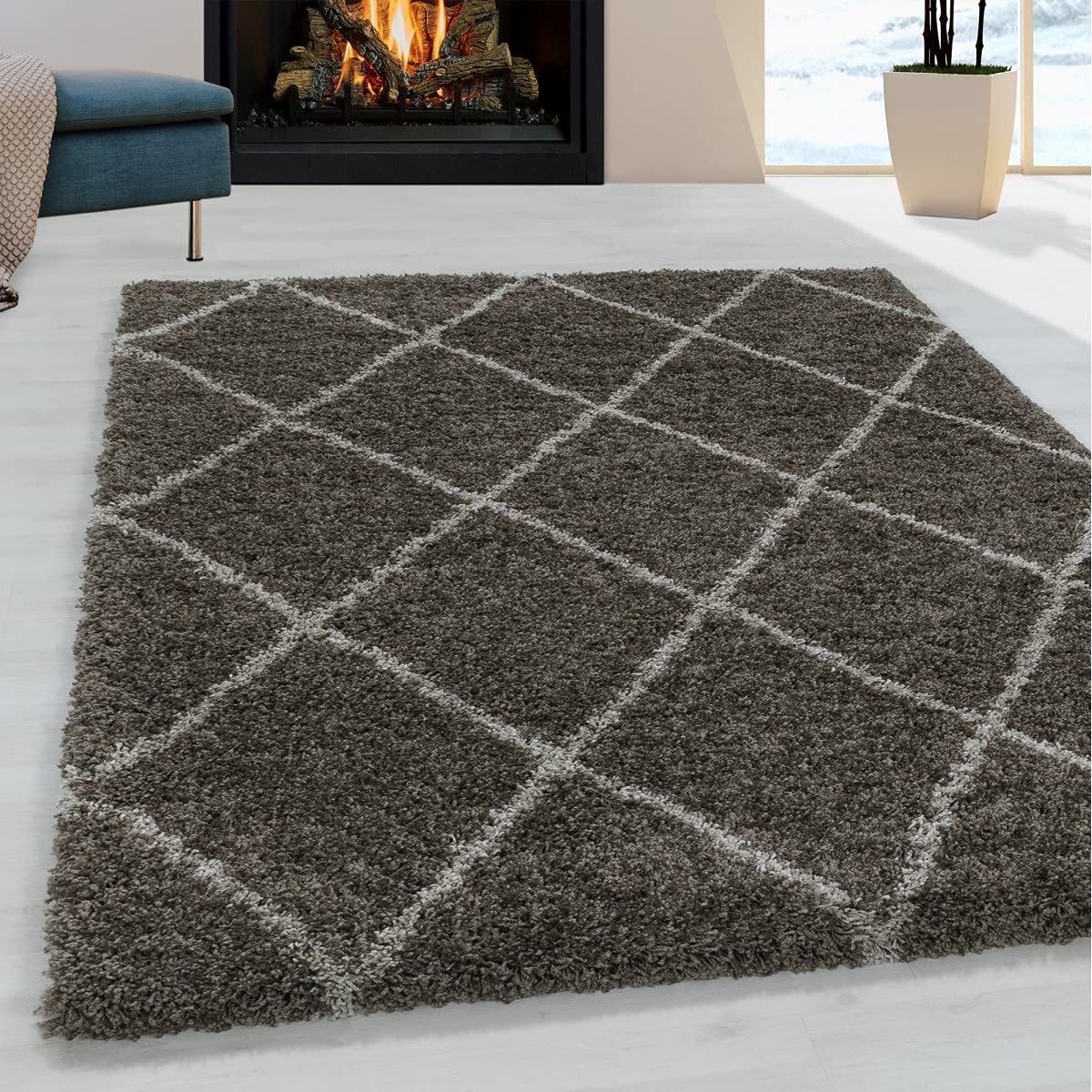 Tapis design à poils longs 120x170 cm salon chambre motif losange