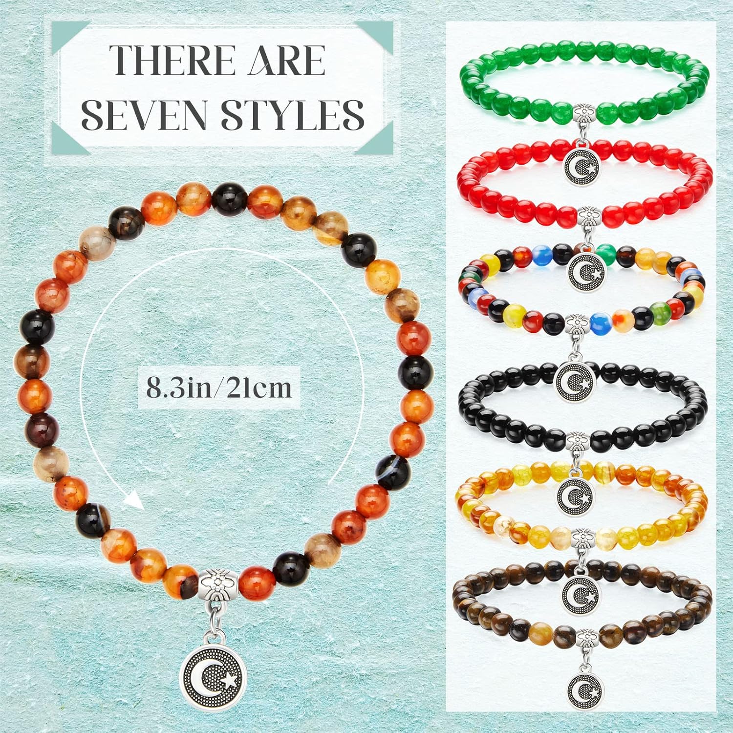 Jadive 7 Pcs Islamic Tasbih Prayer Beads Muslim Bracelets 33 Bead 6mm Round Bead Misbaha and Tasbih Bracelet Muslim Rosary Jewelry for Women Islam Gifts Eid Gifts(Fresh Style) - Image 2