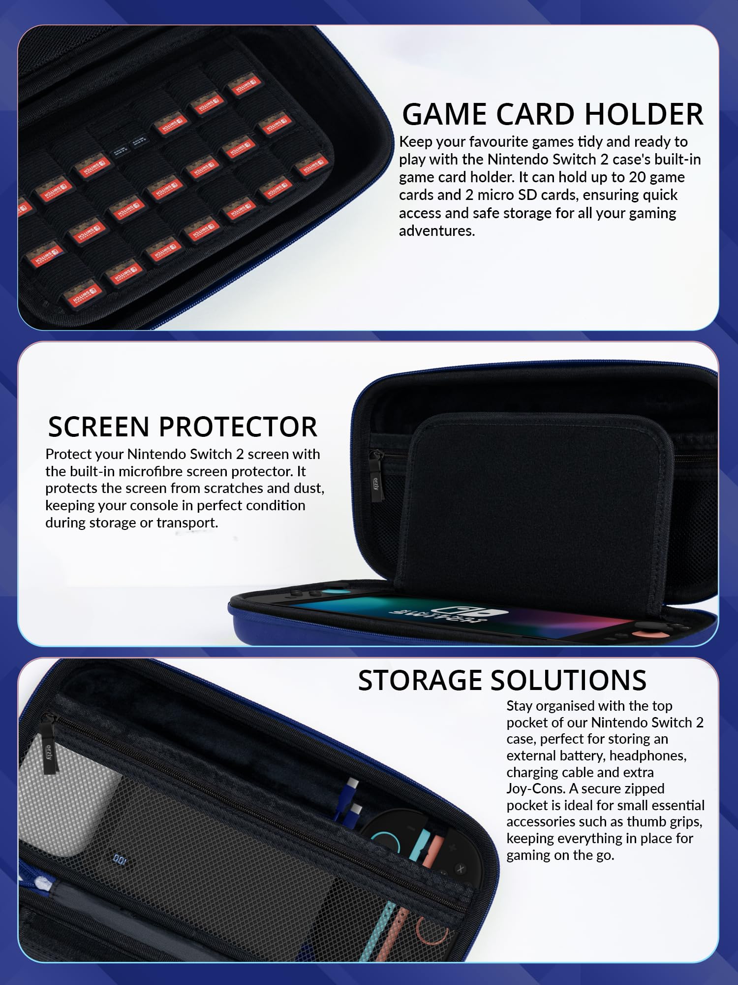 Orzly Custodia per Nintendo Switch 2, custodia protettiva da viaggio con pad per lo schermo, schede di gioco e slot MicroSD con tasche per gli accessori della console