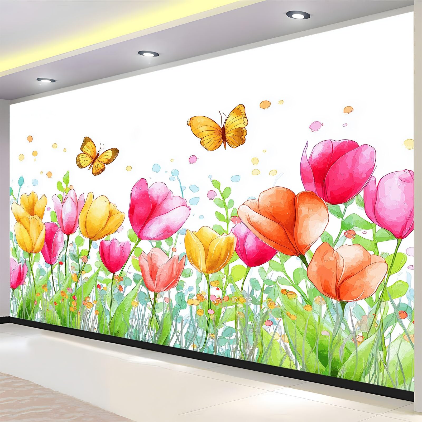 Panoramiczna tapeta akwarelowe kwiaty, wielokolorowe fototapety z włókniny motyle tulipany 350 x 256 cm dekoracja ścienna plakat obrazy ścienne - obraz 3D gobelin do salonu pokój dziecięcy