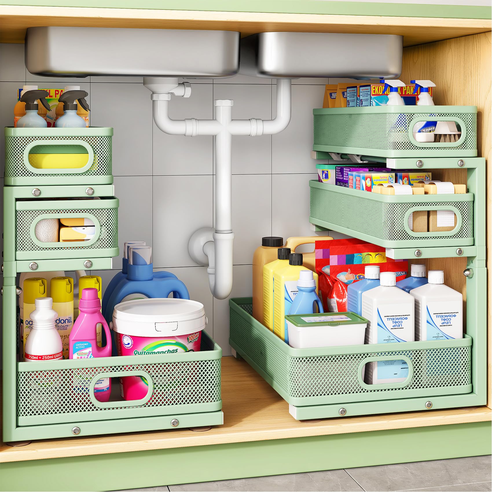 Kitstorack Under Sink Organizer, 2-Pack 3-Tier Height Adjustable Thickened Metal Pull out Cabinet Organizer Shelf, Slide out Storage Drawer Rack for Bathroom Kitchen Pantry Home Organization, Green Green 2 Pack
