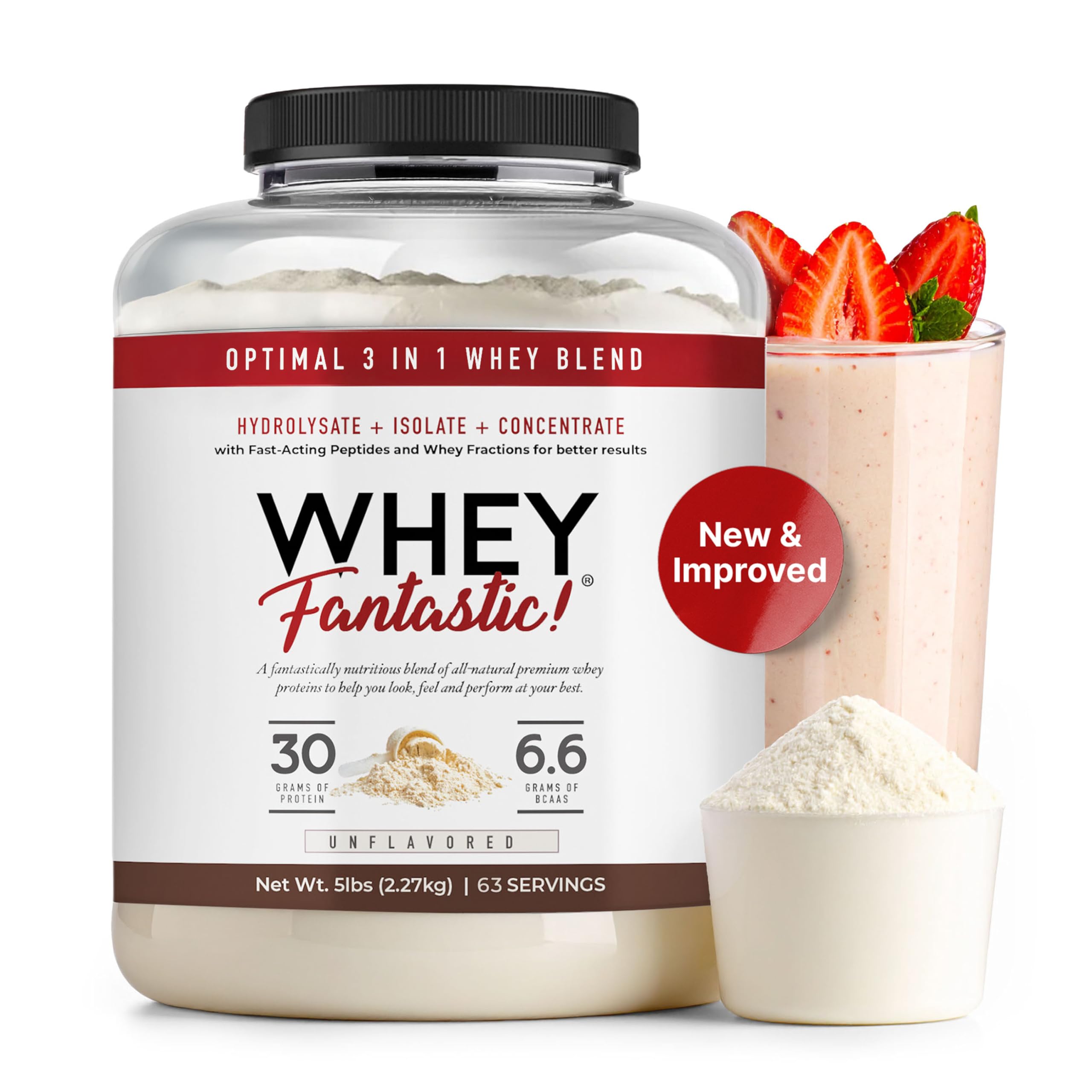3-in-1 Whey Protein Powder Unflavored 5lb – 30g of Grass-Fed Protein from Whey Hydrolysate, Isolate and Concentrate per serving – Non-GMO, Soy-Free, Sugar-Free – 63 Servings
