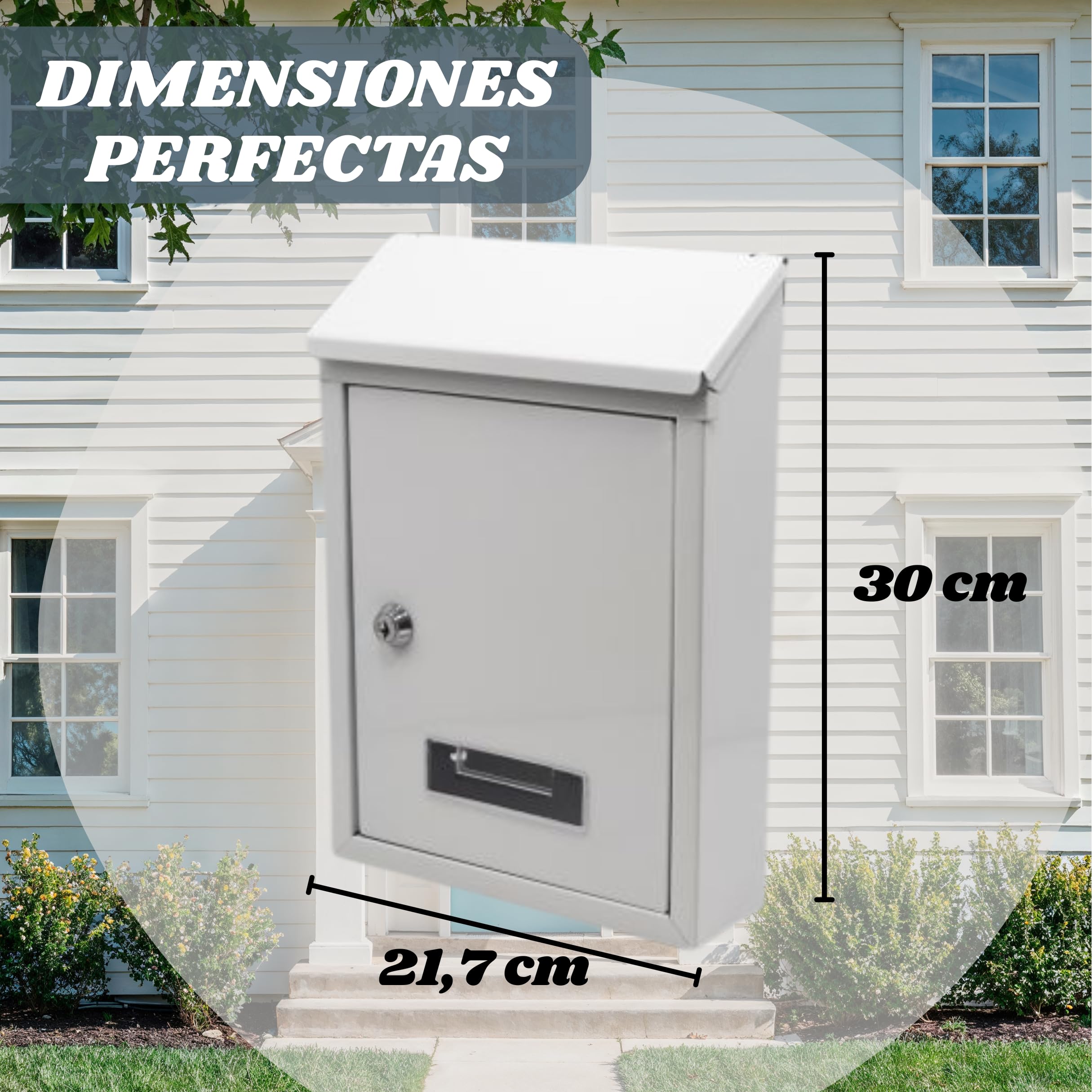 WEIDA Buzón Exterior de Acero INOX | Buzones de Correos Exterior Resistentes a Corrosión, Compactos 21,7x30x7 cm | Buzón de Pared con Tapa Protectora y Cerradura Lateral con Llave (Blanco Metalizado)