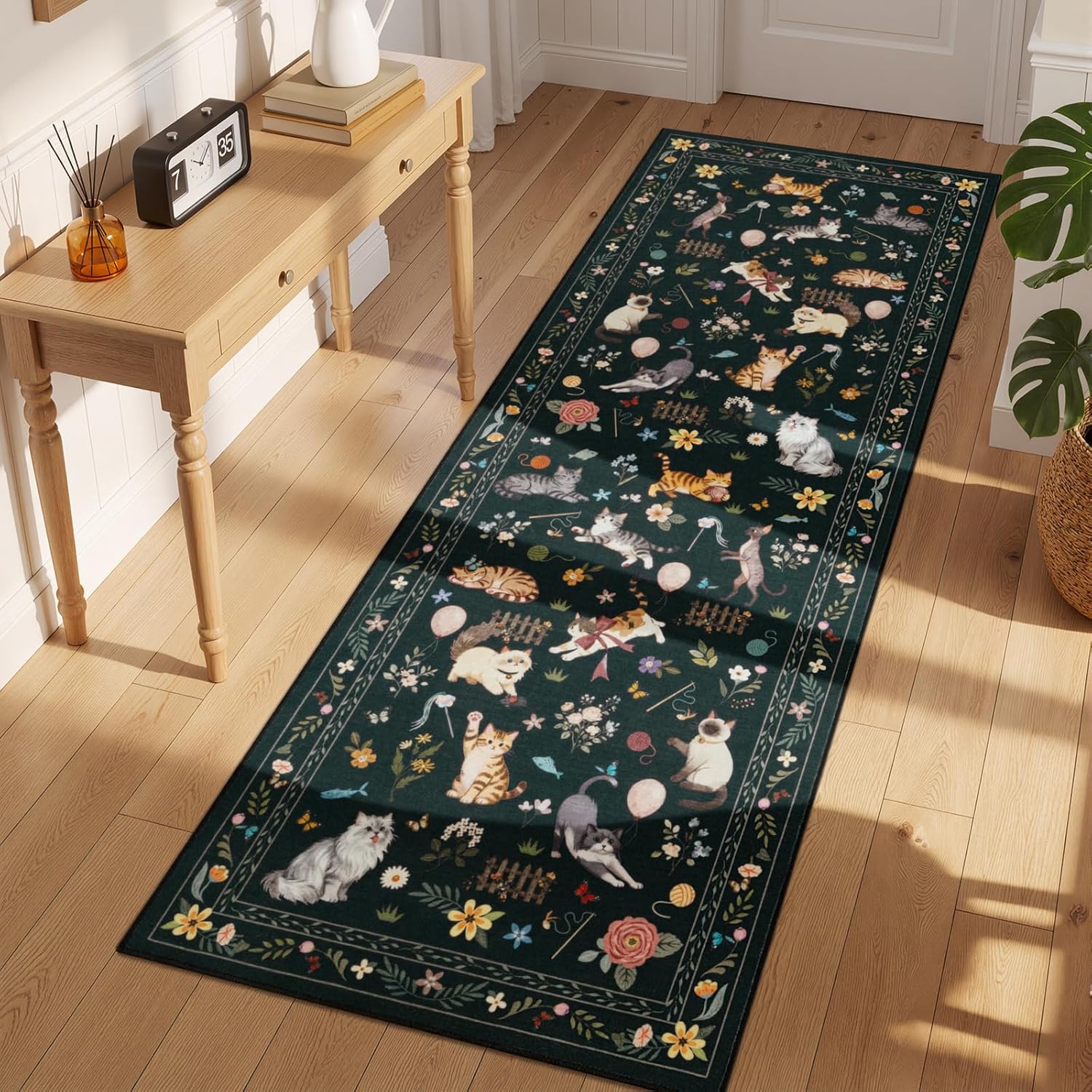 Unirea 2.6x8 Black Cat Runner Rug, Washable Non Slip Botanical Rug for Hallway, Kitchen, Bathroom, Laundry Room, Entryway, Bedroom, Soft Animal Door Mat Indoor Entrance Rugs, Low Pile Carpet
