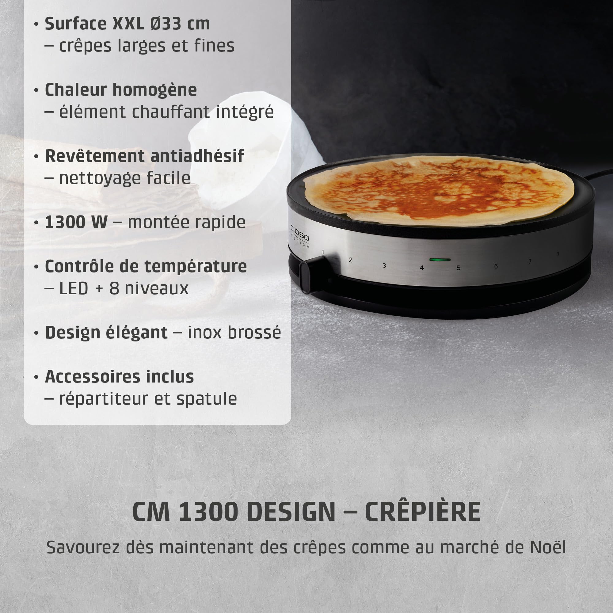 Caso 2930 cm 1300 Design Crêpes maker avec surface de cuisson Extra Large, diamètre 33 cm, 1300 W, Noir, Argent