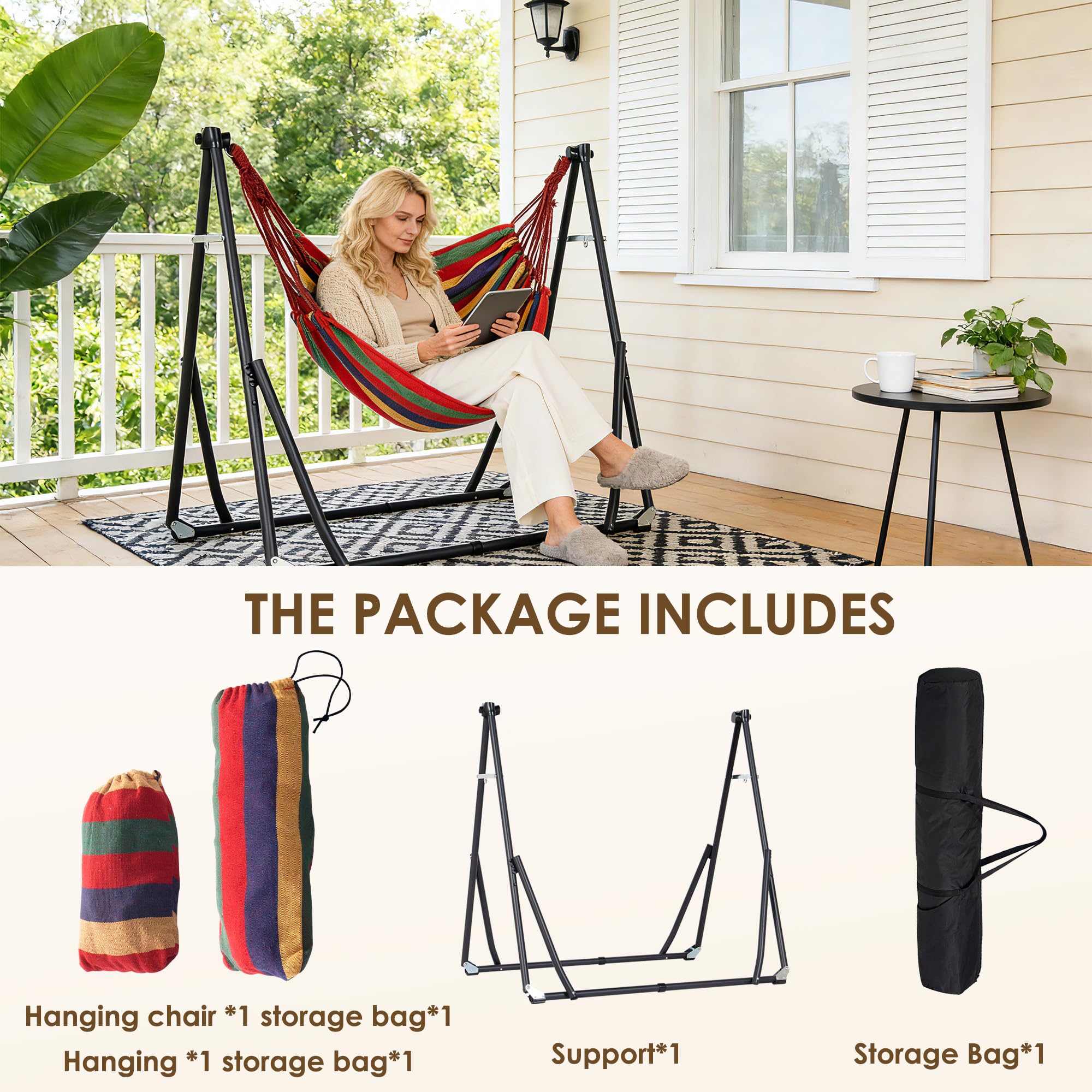 SogesPower Hamaca 2 en 1 con estructura de acero plegable y bolsa de transporte – Columpio portátil para jardín, balcón, camping y apartamento – Rayas coloridas rojas