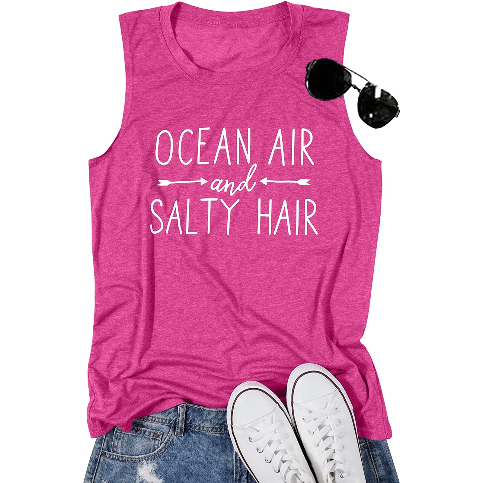 BANGELY Beach Tanks Women Beach Shirts Ocean Air and Salty Hair Tank Funny Cruise Summer Sleeveless Family Vacation