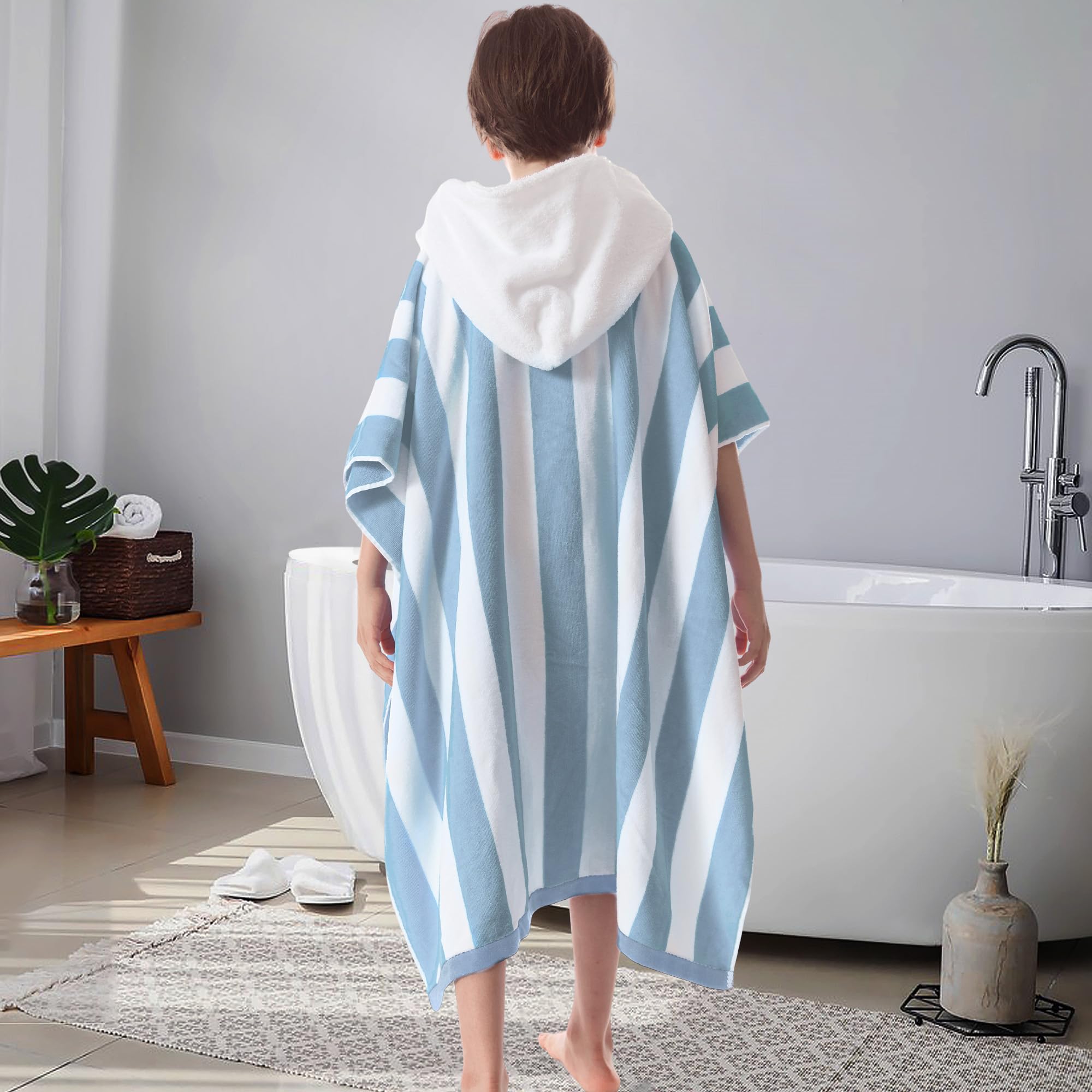 VOOVA & MOVAS Toallas de playa con capucha de gran tamaño para adolescentes (8 a 16 años), 100 % algodón grueso y absorbente, perfecto para piscina, playa, baño, diseño de rayas de cabaña azul
