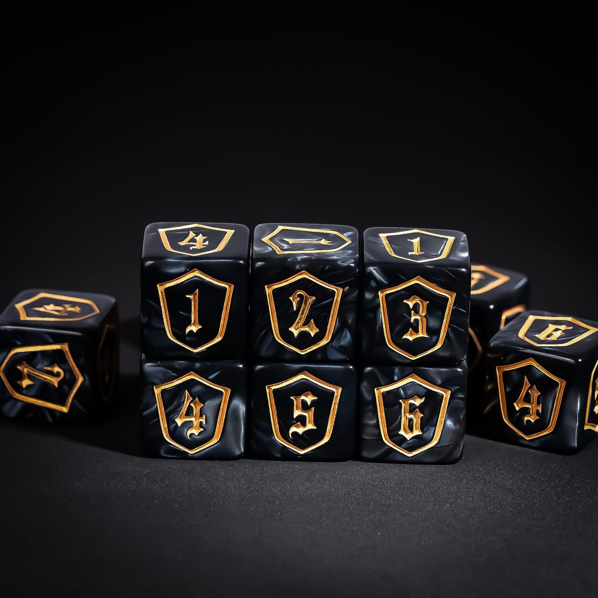 HDdais 10pc 16MM D6 Game Dice Set, Standard 6 Sided Dice Set with Portable Leather Pouch, Shield Pattern, for D&D RPG Tabletop Game or Teaching Math(Black) — image 1