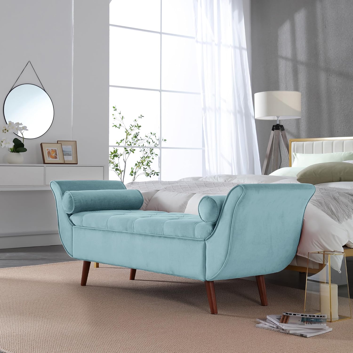 Velvet Storage Bench for Bedroom End of Bed with 2 Pillow, Upholstered Button Tufted Storage Ottoman Bench Footstool Rolled Arm Solid Wood Legs for Entryway Living Room Dining Room (Blue)