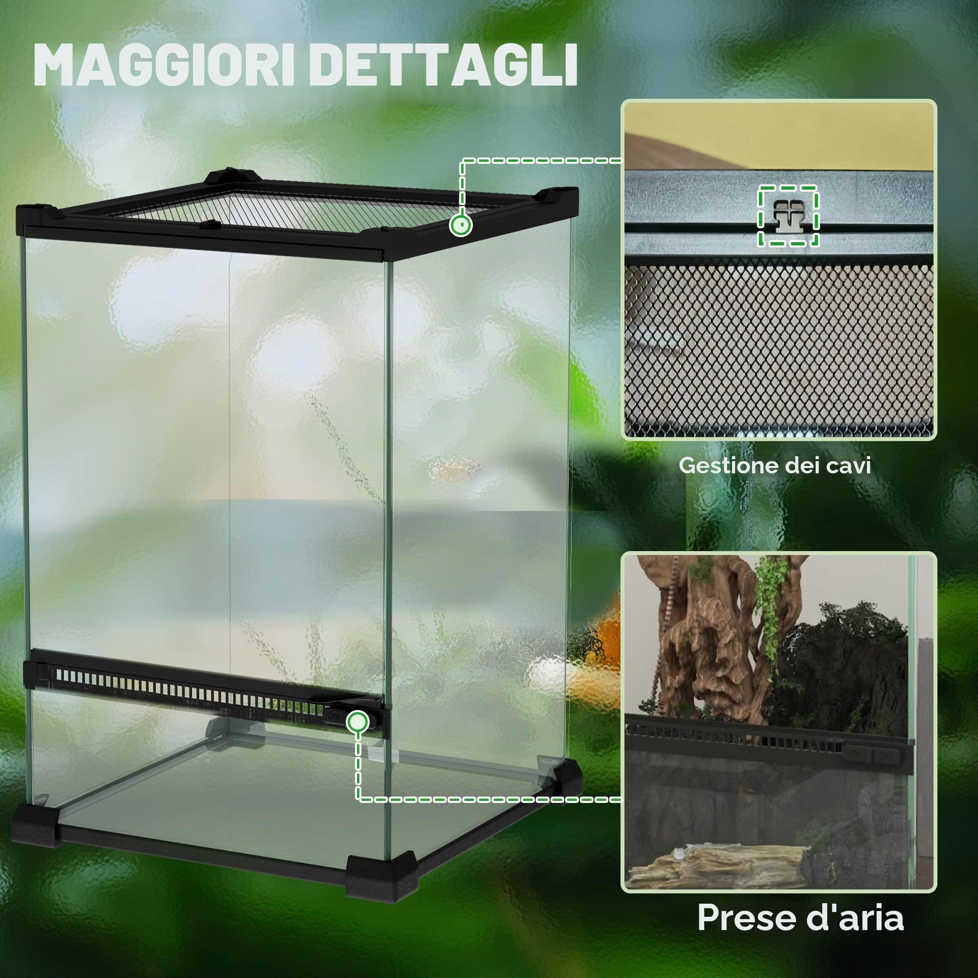PawHut Terrario in Vetro per Rettili Vivarium 12 L Allevamento di Rettili con Coperchio in Rete Metallica per Rane, Serpenti, Tartarughe, 20 x 20 x 30 cm, Nero