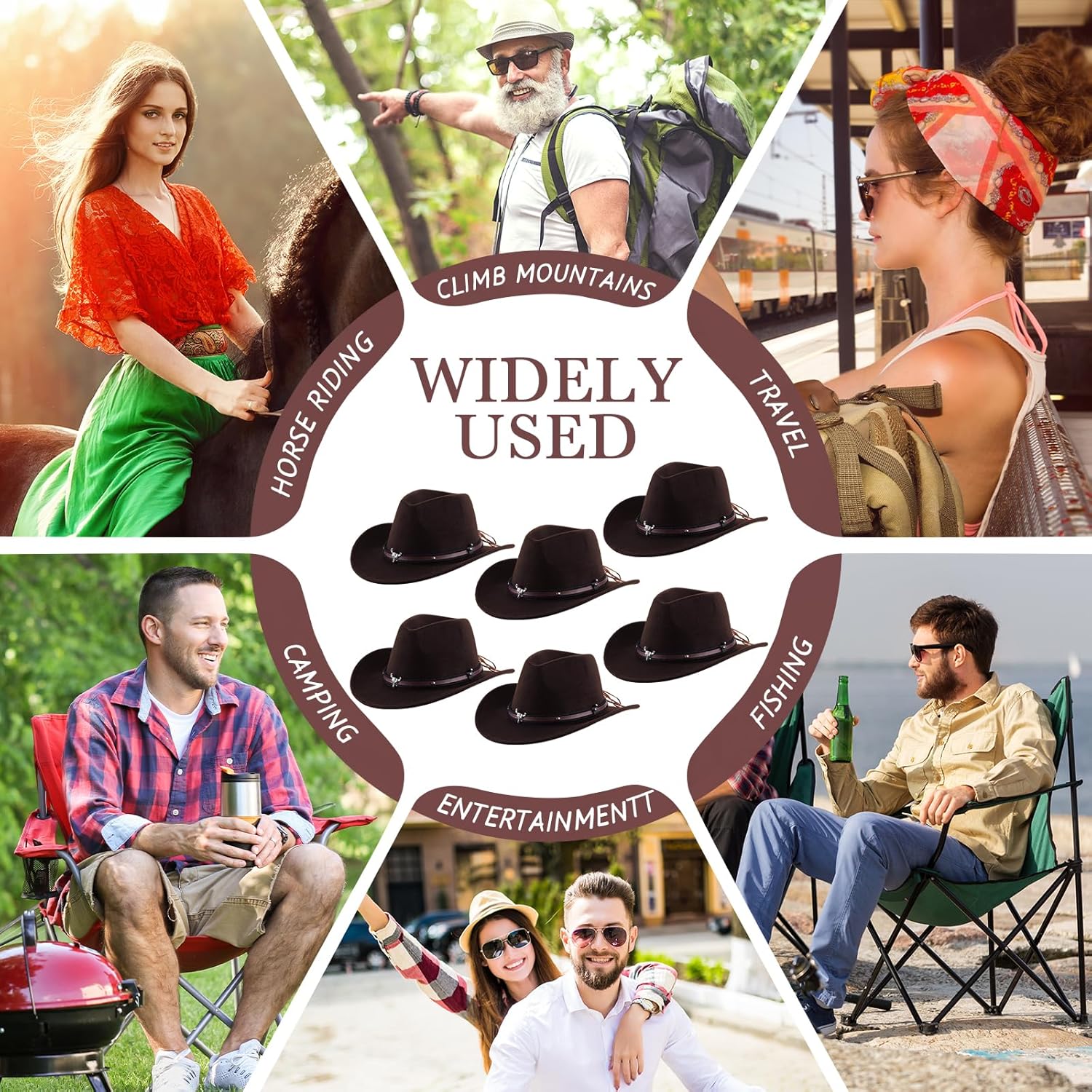 Toulite 9 Pcs Western Cowboy Hat Fur Faux Felt Hats Travel Cap with Strap for Men Women Cowgirl Party Cosplay Costume - Image 5