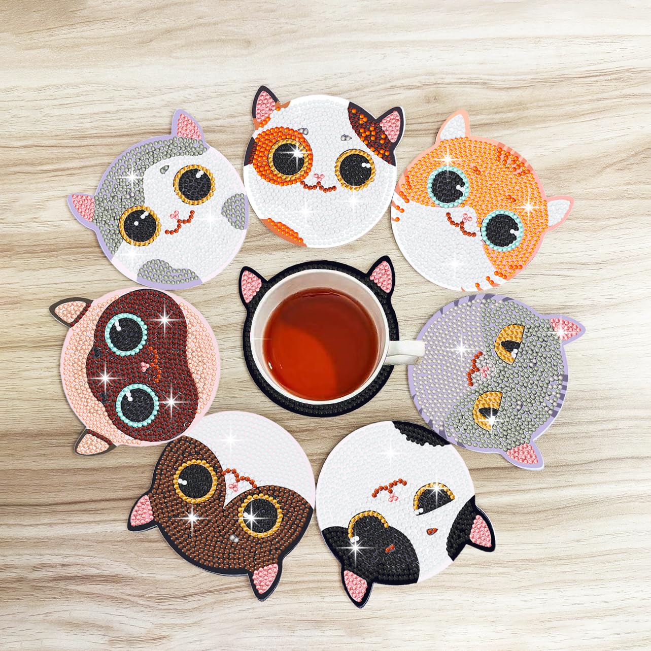 Lot De 8 Sous-Verres Peinture Diamant DIY – Motifs Chat Noir, Fleurs & Photos Scintillantes, Avec Support Et Outils Complets