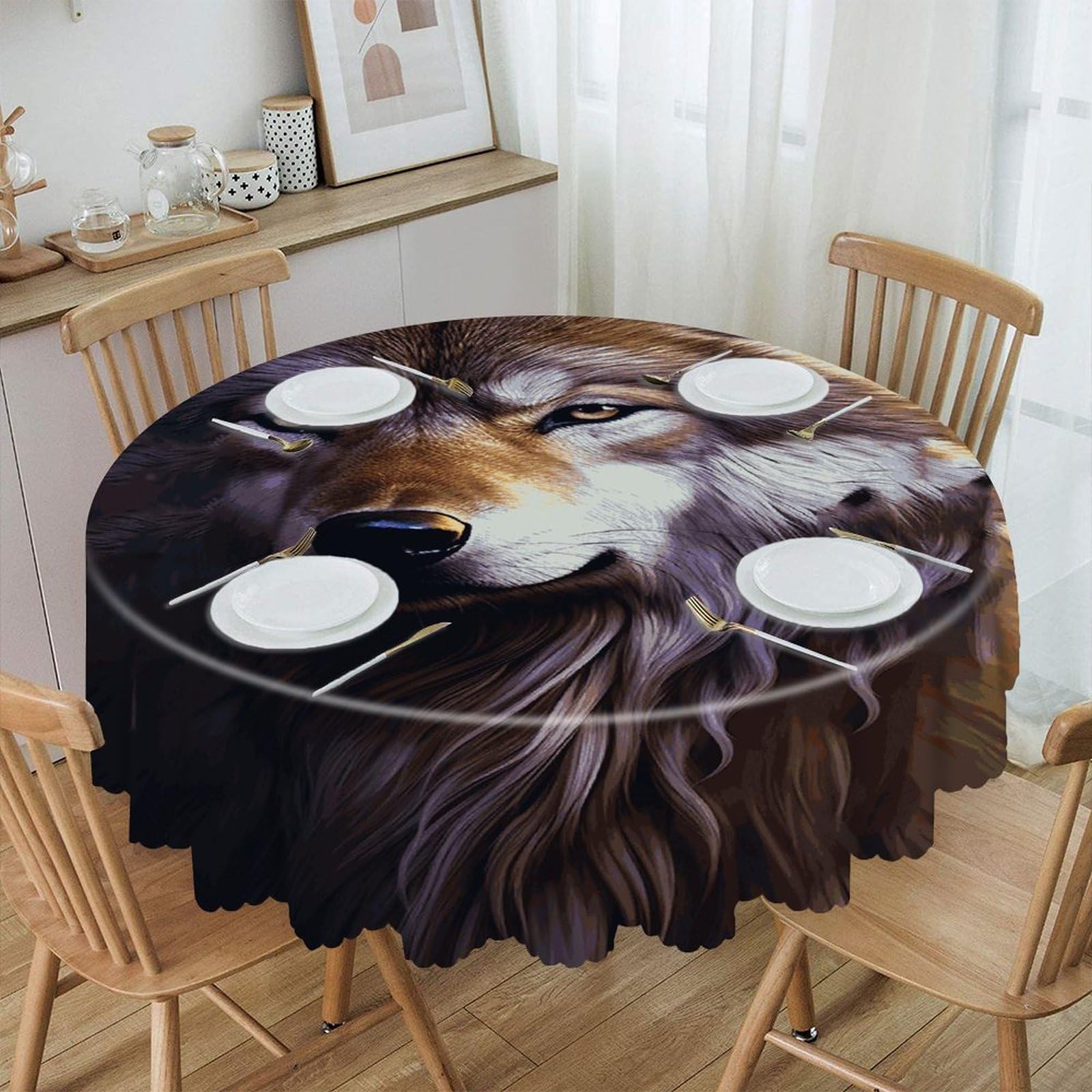 VstaDank Wolves and Dream Catchers Round Tablecloth 60 Inch Easy Clean Round Thick Decorative Polyester Tablecloth for Dining Kitchen Party Farmhouse Outdoor
